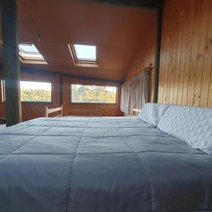 a large bed in a room with two windows at Remodelada Cabaña Antoleo a metros de Lago Vichuquén in Vichuquén +27 photos