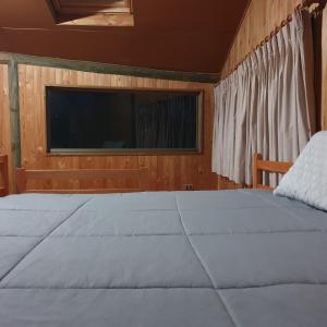 a bedroom with a large bed and a television at Remodelada Cabaña Antoleo a metros de Lago Vichuquén in Vichuquén
