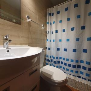 a bathroom with a sink and a toilet and a shower curtain at Remodelada Cabaña Antoleo a metros de Lago Vichuquén in Vichuquén