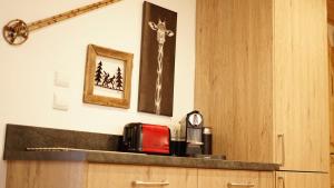 Una cocina con una encimera con microondas y una jirafa en la pared. en Errigal Apartment, en Morzine