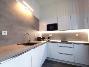 a kitchen with white cabinets and a sink at LUNEX Apartment in Český Krumlov