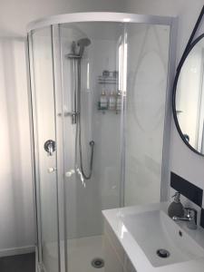 a bathroom with a shower and a white sink at Raz & Louises bnb in Otorohanga +9 photos