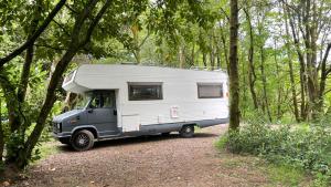 Ein Wohnmobil, das im Wald geparkt ist in der Unterkunft Surfer Mammut in Ipswich