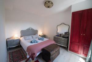 ein Schlafzimmer mit einem Bett mit einer roten Tür und einem Spiegel in der Unterkunft Preciosa casa rural in Manzanares el Real + 33 Fotos
