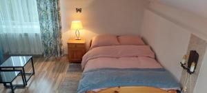 a small bed in a small room with a lamp at Pod akacjami in Baligród
