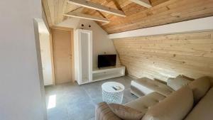a living room with a couch and a tv at Amigos Suits in Niš
