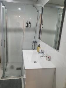 un bagno bianco con lavandino e doccia di Charming Jasmin House a Viseu