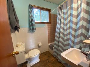 a bathroom with a toilet and a sink at Hickory Grove Hideaway in Galmey