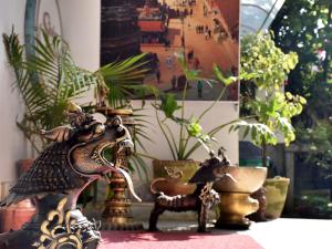 a group of potted plants and a figurine of a dog at Shakya House in Pātan