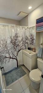 a bathroom with a shower curtain with a tree on it at Spacious bright Apt,Parking and self check-in in Longueuil +17 photos