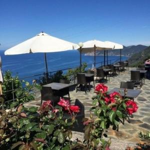 a row of tables and chairs with umbrellas and flowers at Albergo Luna di Marzo in Volastra
