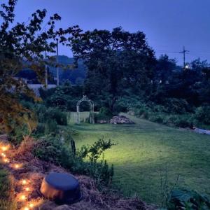 a garden with lights in a field at night at Cheongna Stay in Boryeong +36 photos