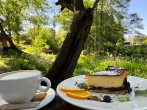 a piece of cake on a plate next to a cup of coffee at Pan Tadeusz in Zwierzyniec