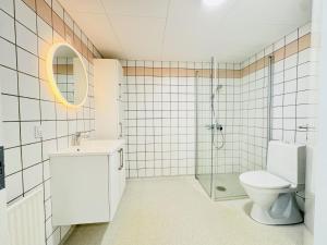 Un baño con inodoro, lavabo y ducha. en aday - Charming and Bright Studio Apartment, en Aalborg