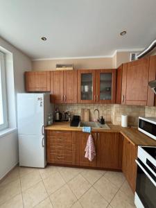 a kitchen with wooden cabinets and a white refrigerator at Apartament Świętoszów 2 in Świętoszów