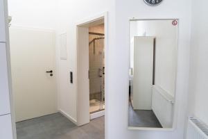 a bathroom with a mirror and a walk in shower at Sweet Rooms in Bubesheim +57 photos