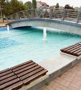 a bridge over a pool of water with a bench at Apartman Veki in Subotica