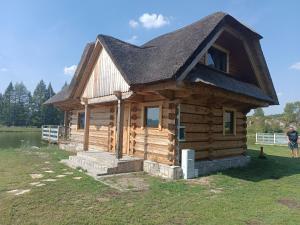 a small log cabin with a black roof at Szlacheckie Domki in Kroczyce