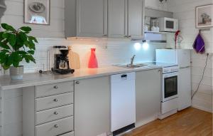 una cucina con armadietti bianchi ed elettrodomestici bianchi di Gorgeous Home In Sørbøvågen With Wifi a Saltbu Altre 9 foto