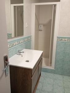 a bathroom with a sink and a shower at La Muralla de Gredos in Madrigal de la Vera +5 photos