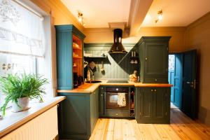 a kitchen with green cabinets and a stove at Wohnen im Carl Maria von Weber Geburtshaus in Eutin