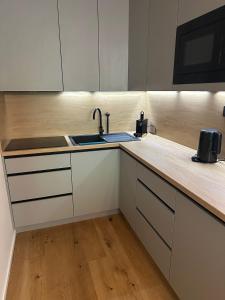 扬斯凯拉兹涅Apartmán Janské Lázně的带白色橱柜和水槽的厨房