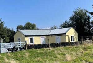 una casa gialla con due capre in piedi in un campo di McCaffertys a Dromahair