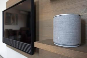 ein Lautsprecher, der auf einem Regal neben einem Fernseher steht in der Unterkunft Hello Zeeland - Appartement Wijngaerde Residence 19 in Domburg