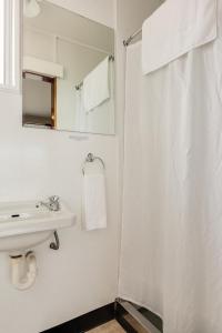 a bathroom with a sink and a shower curtain at Ocean Beach Hotel in Dunedin