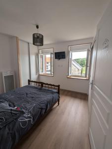 a bedroom with a bed and two windows at Maison agréable 4 à 6 pers in Aulon