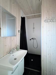 ein Badezimmer mit einem weißen Waschbecken und einer Dusche in der Unterkunft Discover This Well-appointed Cottage Cottage D in Vágur