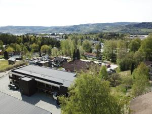 an aerial view of a building in a town at Modern apartment with two bedrooms in Moelv