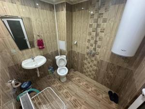 a bathroom with a toilet and a sink at Пандова къща in Sandanski