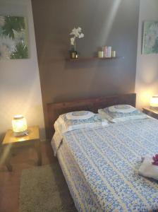 a bedroom with a bed with two pillows on it at ChezRoselineetChritian in Les Avirons