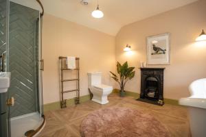 ein Badezimmer mit Dusche, WC und Kamin in der Unterkunft The Maze Garden Cottage by Mint Stays in Biddlestone + 16 Fotos