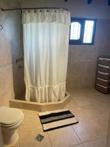 a bathroom with a shower with a toilet and a rug at la Casita del bosque in Villa Gesell +6 photos