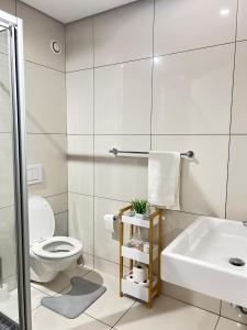 a white bathroom with a toilet and a sink at Osheni City Center Apartment in Windhoek