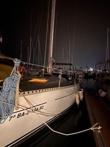 un barco blanco atracado en un puerto por la noche en Velero Draco, en Sitges