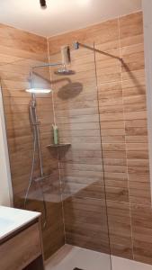 eine Dusche mit einer Holzwand im Bad in der Unterkunft Anglet sables d'or - vue océan in Anglet