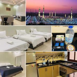 a collage of photos of a hotel room with two beds at عمارة السلام in Al Madinah