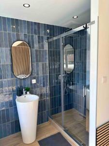 a blue tiled bathroom with a shower and a sink at Blue pearl in Saint-Louis +16 photos