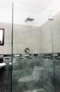 a bathroom with a shower with a glass door at Runway Retreat Apartment in Desamparados