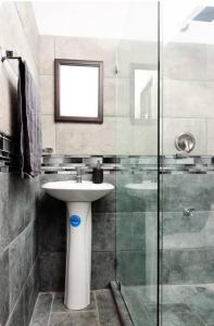 a bathroom with a sink and a glass shower at Runway Retreat Apartment in Desamparados