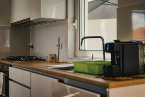 a kitchen with a sink and a green tray on the counter at Casa da Vira - Alojamento Local in Arcos de Valdevez +20 photos