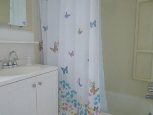 a bathroom with a shower curtain with butterflies on it at Discover Downeast Maine - Comfortable Home Base 37 in Ellsworth +22 photos