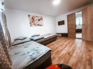 a bedroom with two beds and a television at Dovolenkový dom Jazierko in Prievaly +29 photos