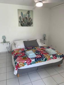 a bedroom with a bed with a colorful blanket on it at Gîte Le Gecko - Le Gosier in Saint-Félix +86 photos