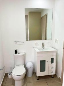 un bagno con un water, un lavandino e uno specchio di carso alameda a Città del Messico