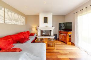a living room with a couch and a fireplace at Maison de vacances 3 chambres avec piscine in Mourens