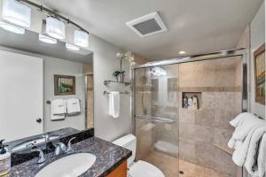 a bathroom with a shower and a sink and a toilet at Carnelian Bay 2BR + Loft Near Beach & Trails in Carnelian Bay +25 photos